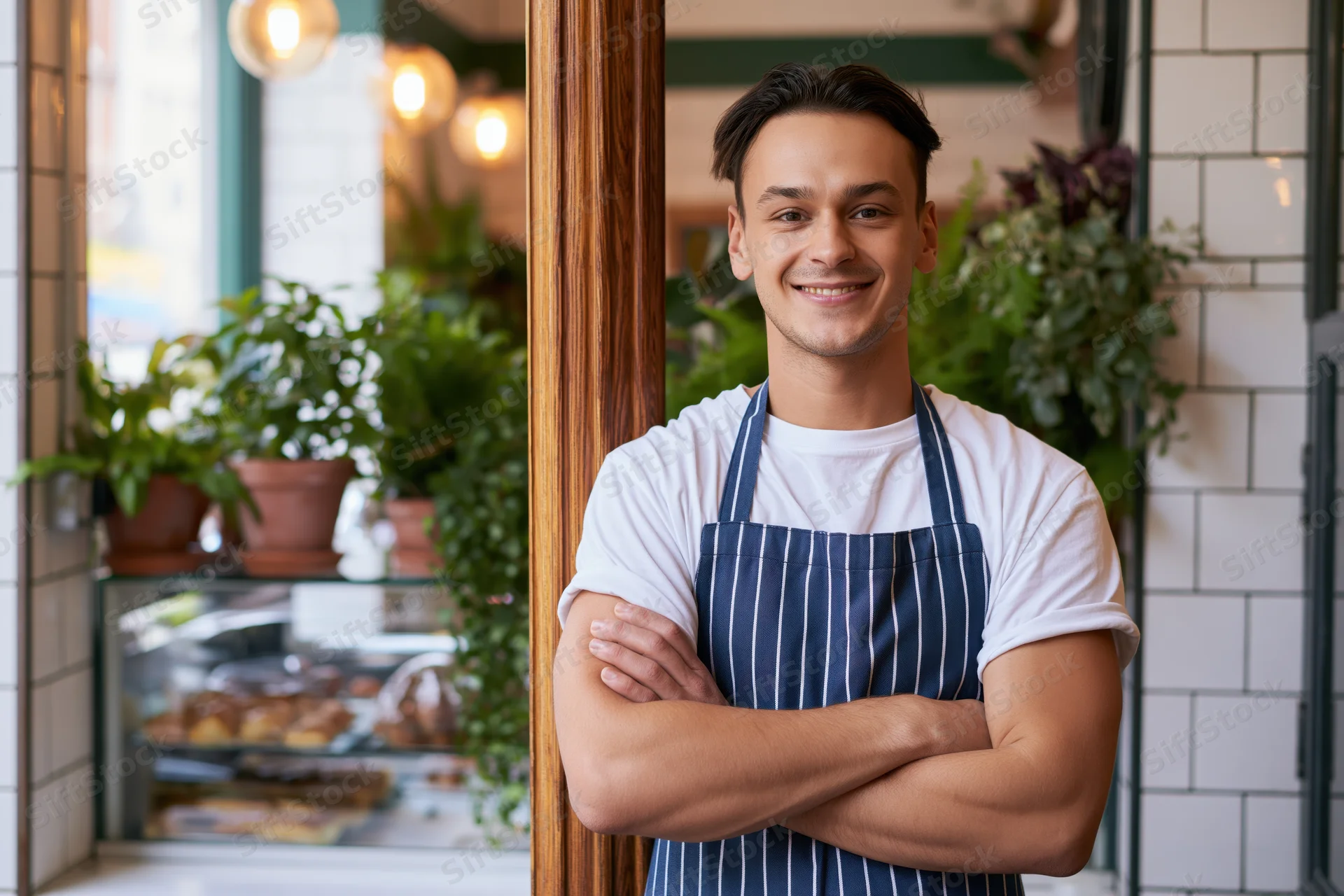 Young male barista smiling with arms crossed leaning against wooden pillar in cafe interior