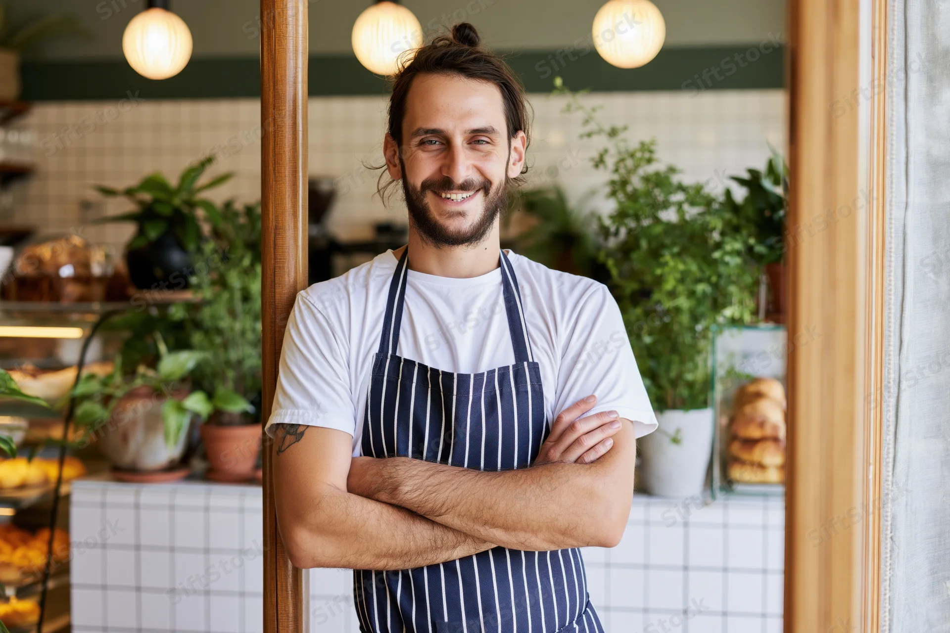 Smiling male barista with arms crossed leaning against doorway in cafe interior