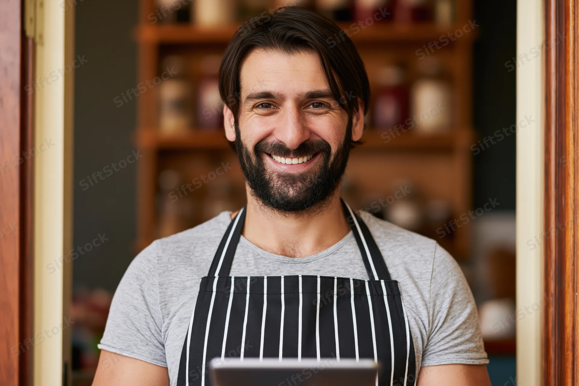 Smiling male cafe owner in striped apron holding tablet at shop entrance