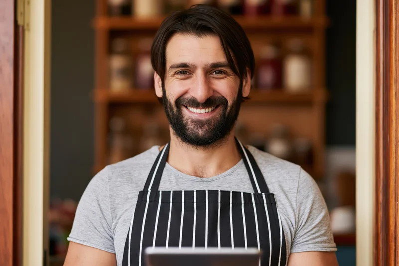 Smiling male cafe owner in striped apron holding tablet at shop entrance