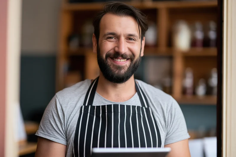 Smiling male cafe owner in striped apron holding tablet at shop entrance