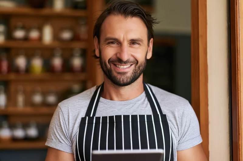 Smiling male cafe owner in striped apron holding tablet at shop doorway