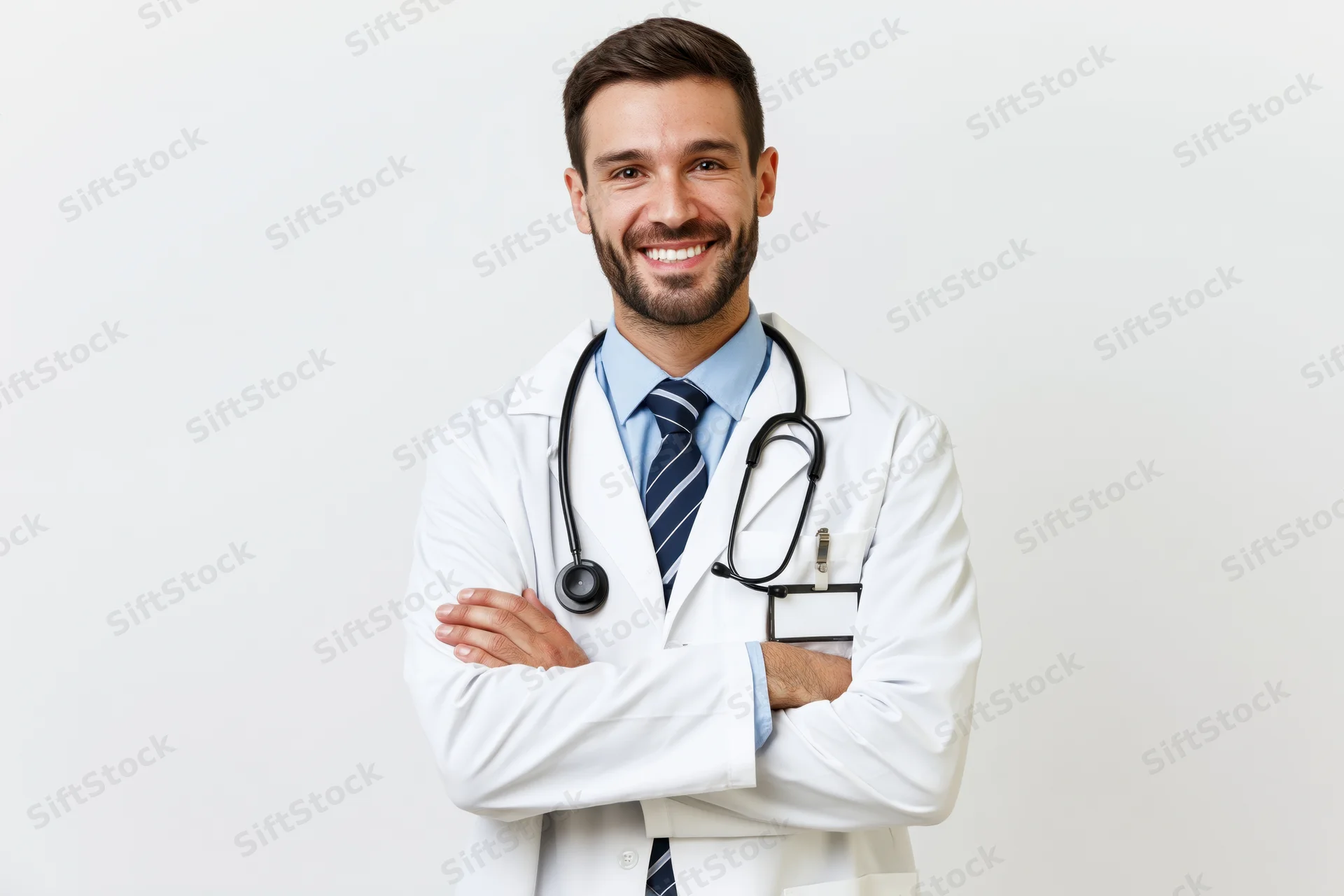 Young male doctor in white coat with stethoscope smiling with arms crossed against white background