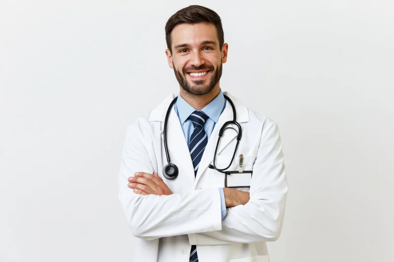 Young male doctor in white coat with stethoscope smiling with arms crossed against white background