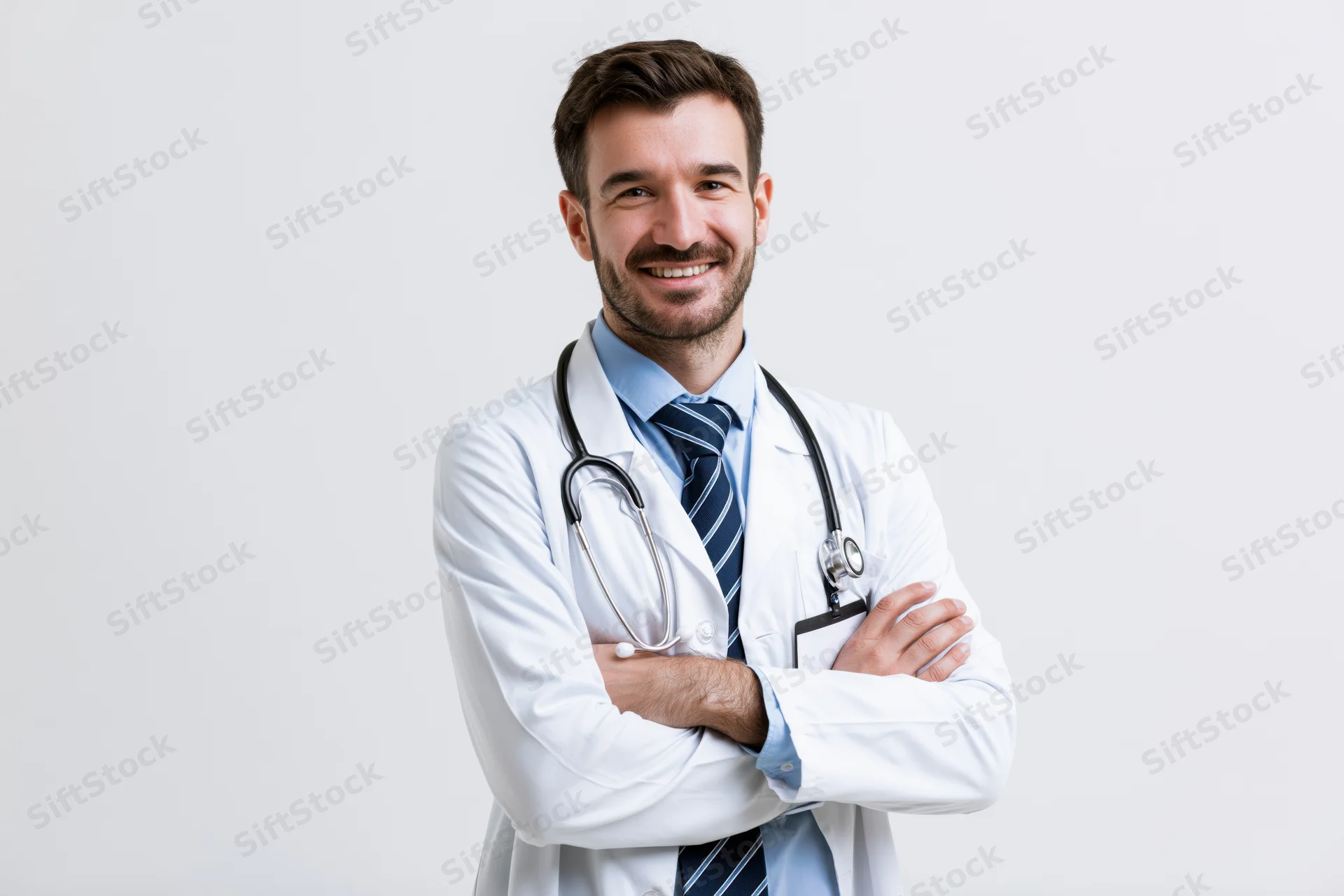 Young male doctor in white lab coat with stethoscope, arms crossed, smiling, standing against white background