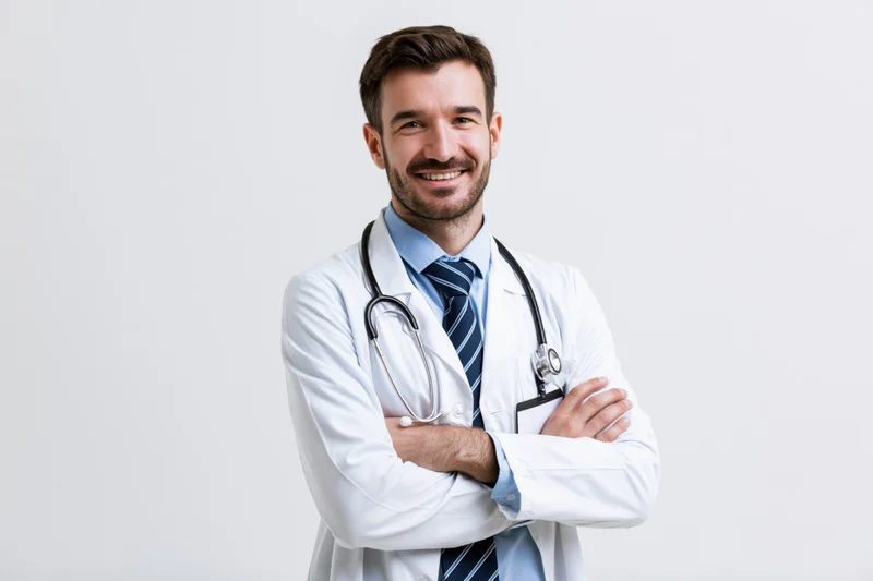 Young male doctor in white lab coat with stethoscope, arms crossed, smiling, standing against white background