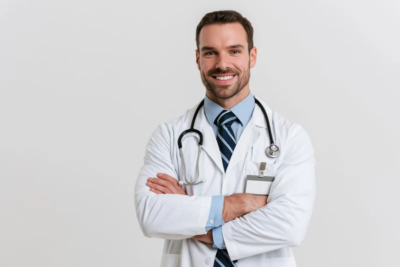 Young male doctor in white lab coat with stethoscope arms crossed smiling against plain background