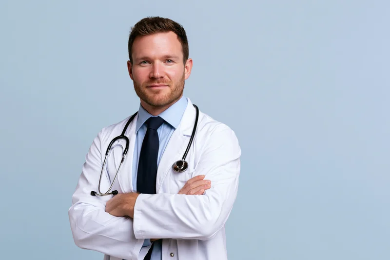 Young male doctor in white coat with stethoscope arms crossed against light blue background