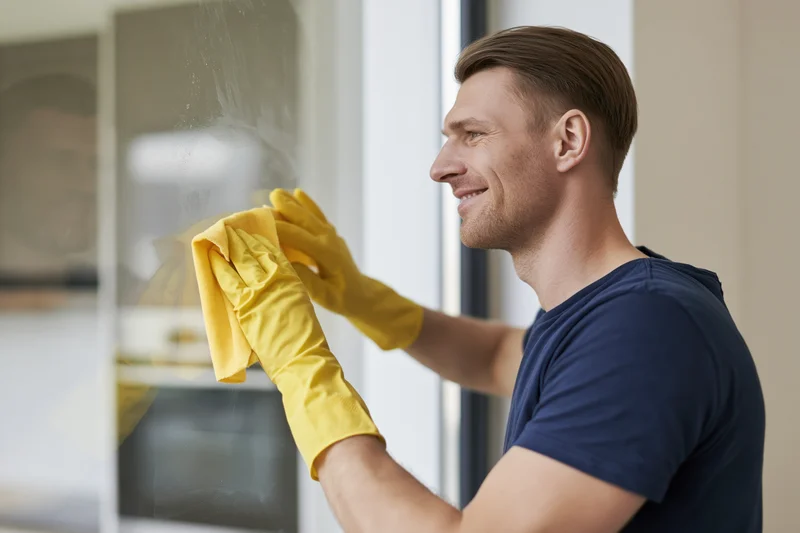 Man smiling while wiping kitchen window with yellow cloth and gloves