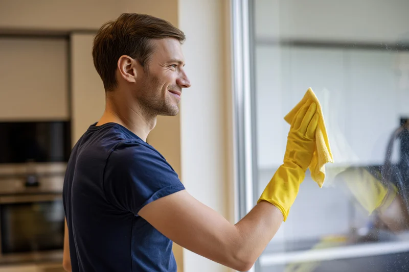 Man smiling while wiping kitchen window with yellow cloth and gloves
