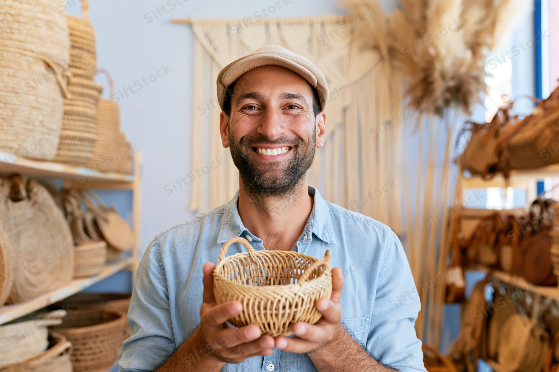 Man holding small woven rattan basket in handicraft shop