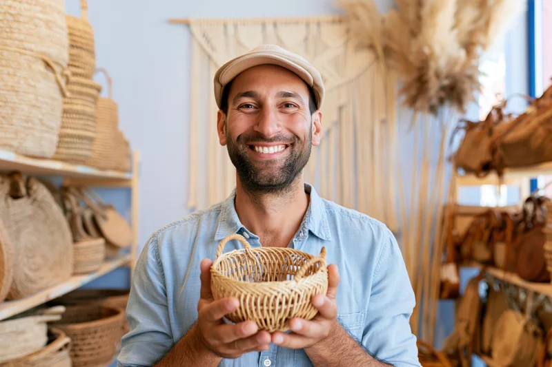 Man holding small woven rattan basket in handicraft shop