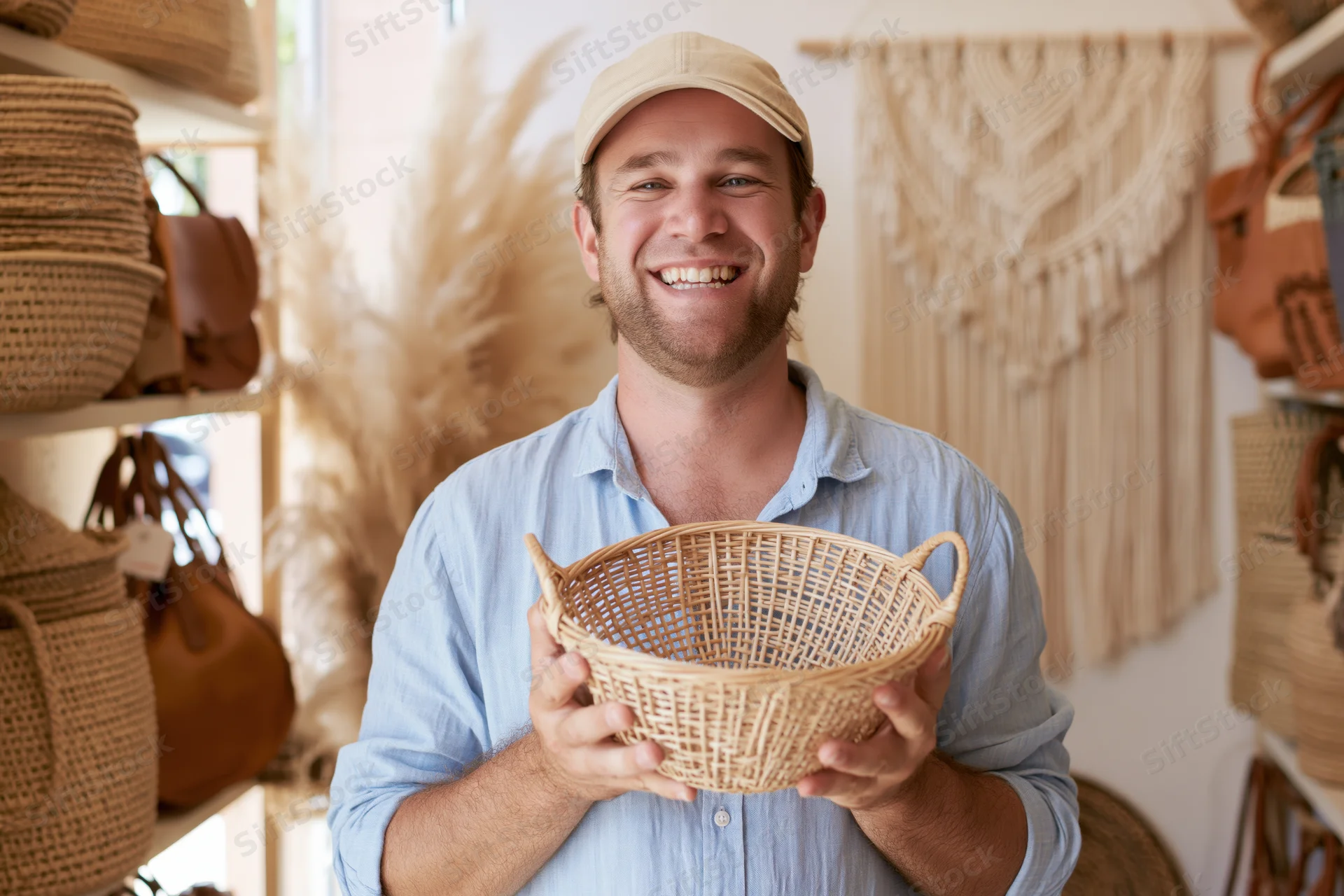 Smiling man holding a small woven rattan basket in a craft shop