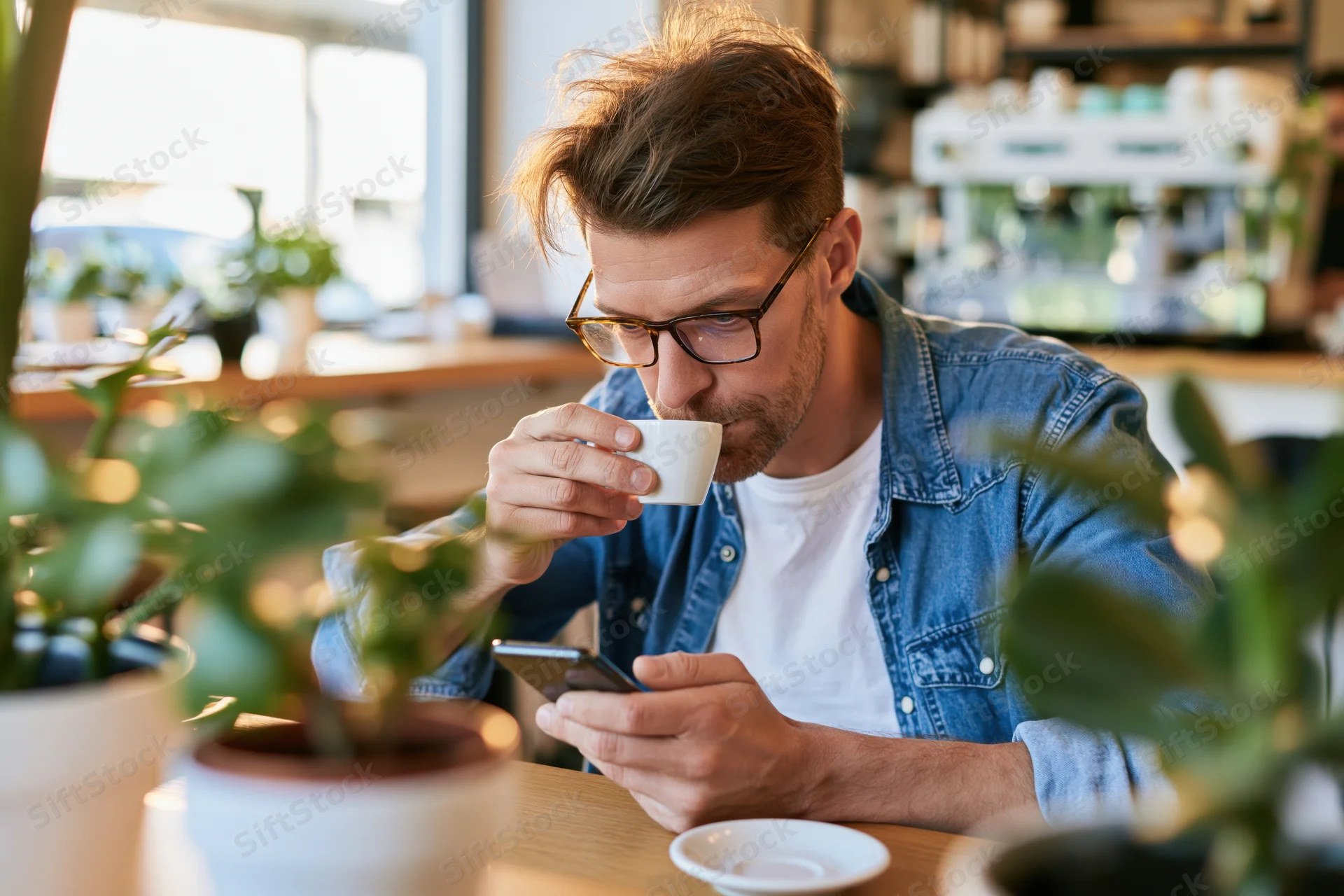 Man sipping espresso from a white cup while holding a smartphone at a cafe table