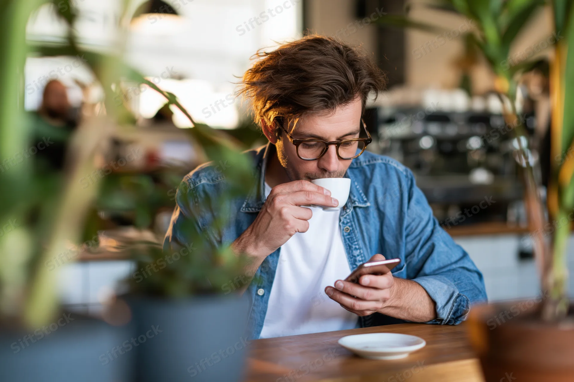 Man sipping espresso from a white cup while holding a smartphone at a cafe table