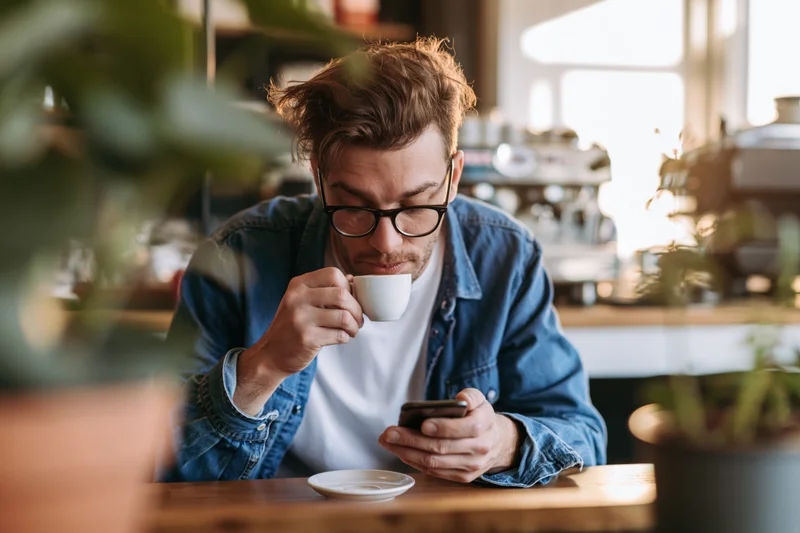 Man sipping espresso from a white cup while holding smartphone at a cafe table