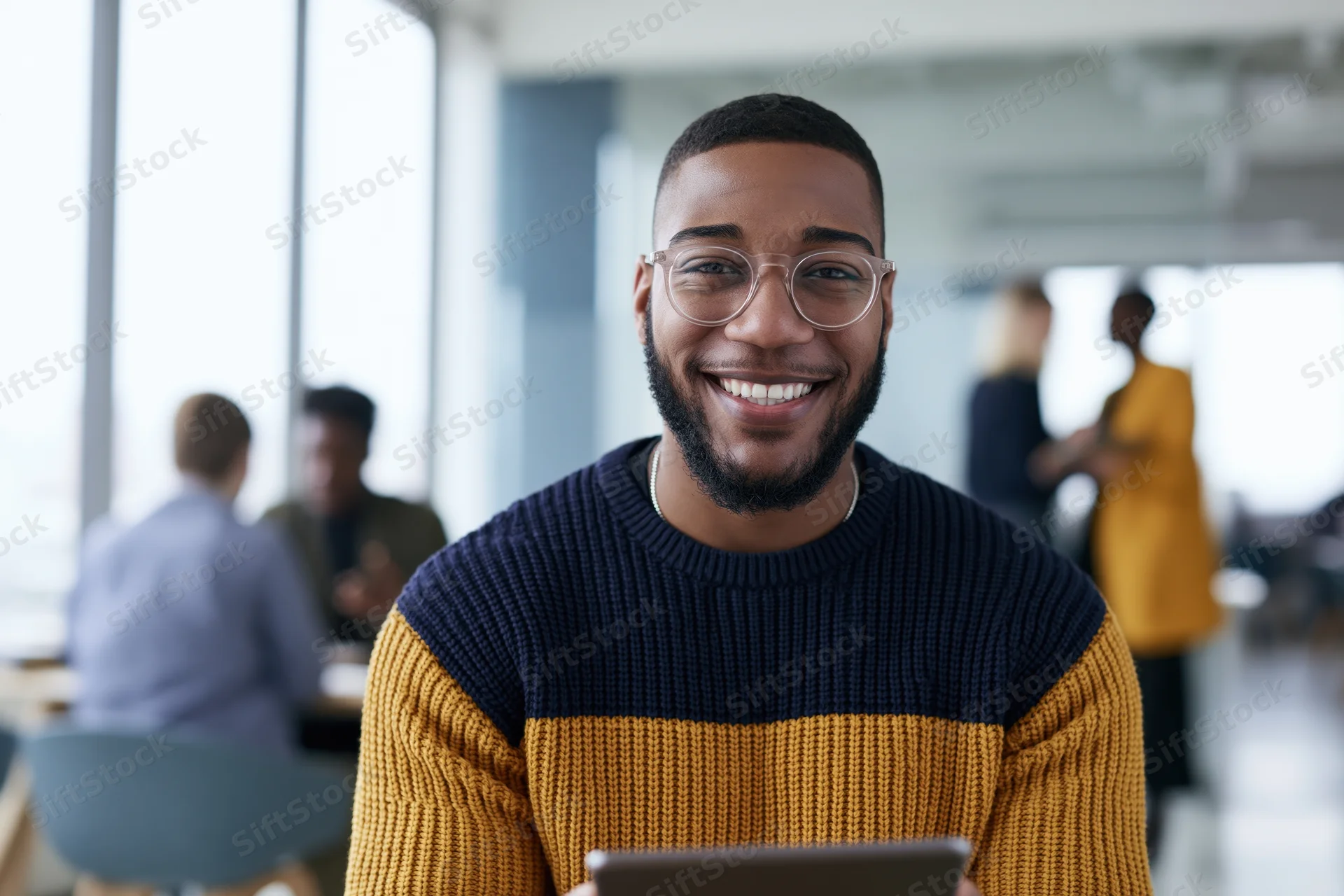 Young african man smiling while holding tablet in modern office space