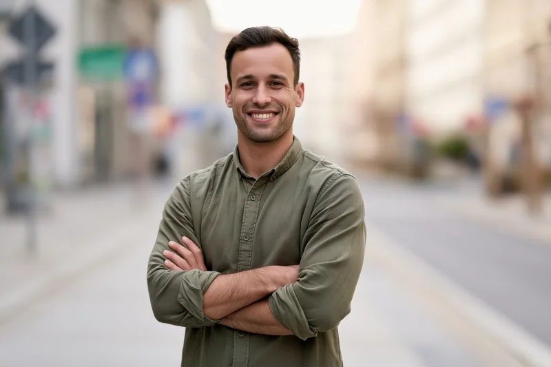 Young man smiling with arms crossed on city sidewalk
