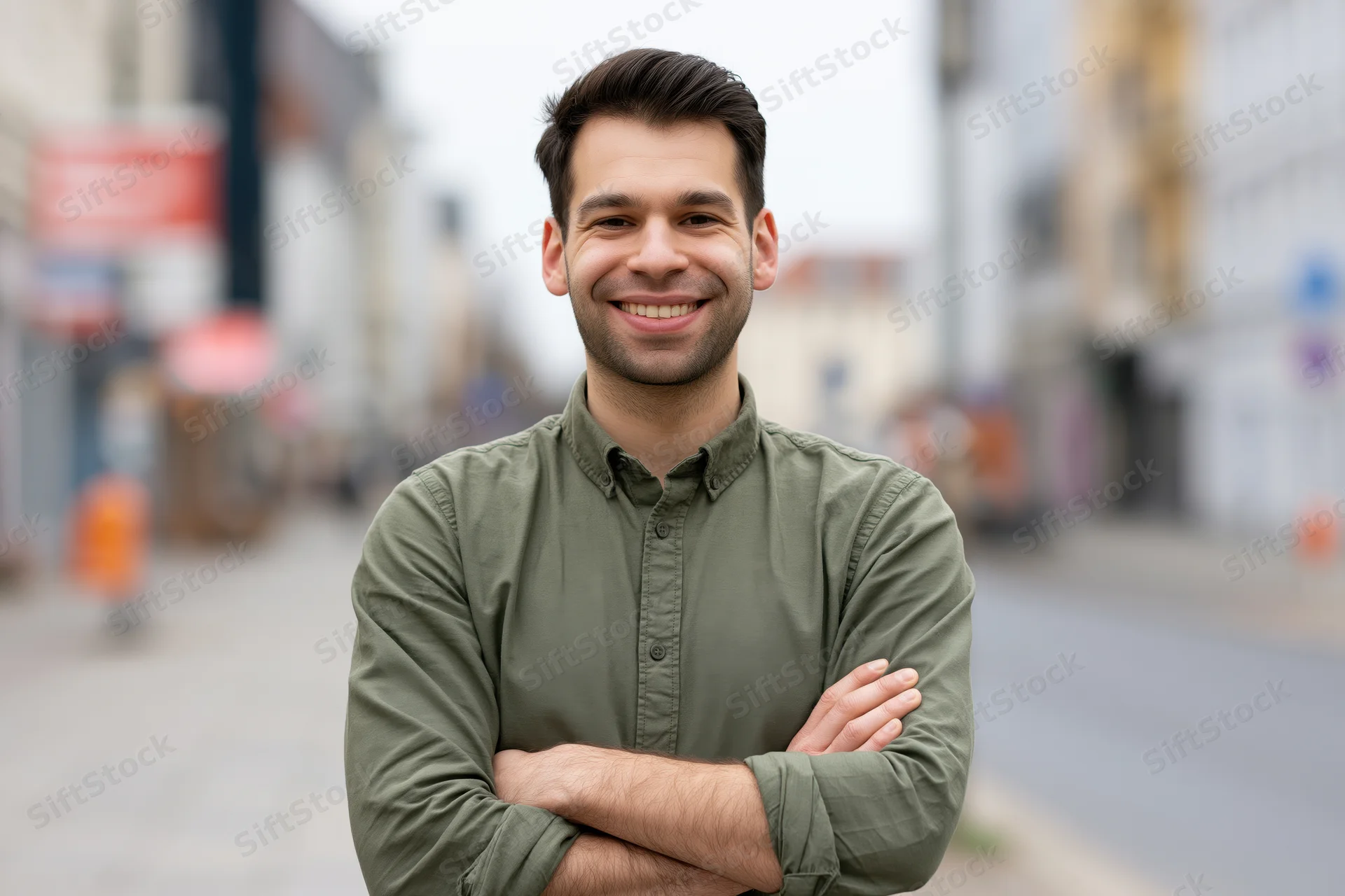 Young man smiling with arms crossed on city sidewalk