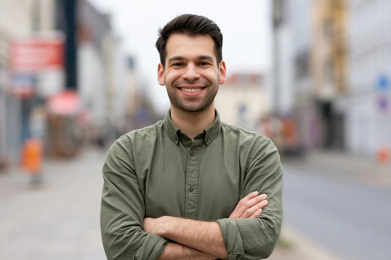 Young man smiling with arms crossed on city sidewalk