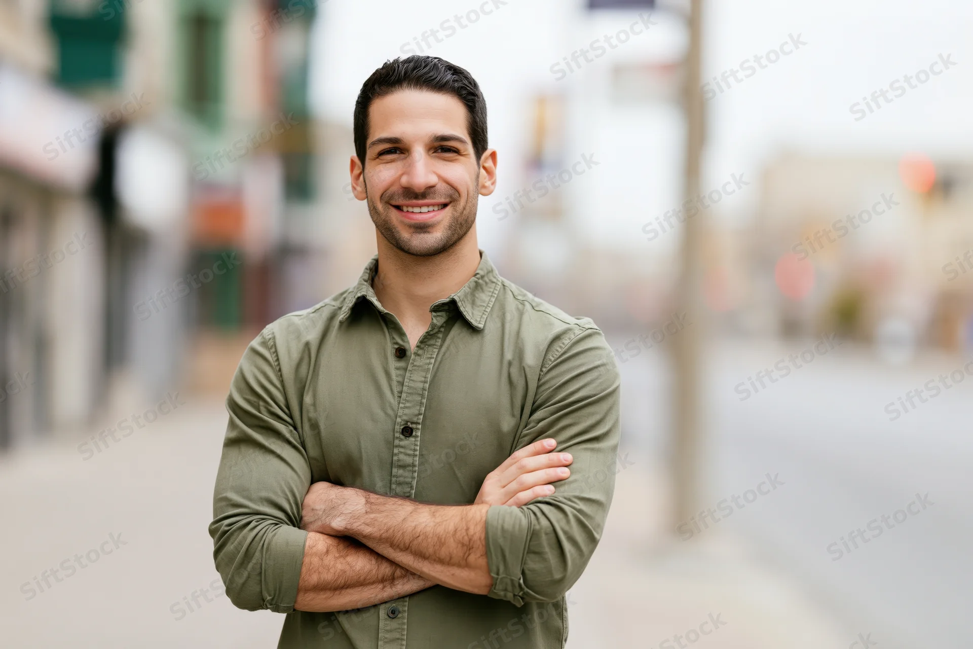 Young man smiling with arms crossed on city sidewalk