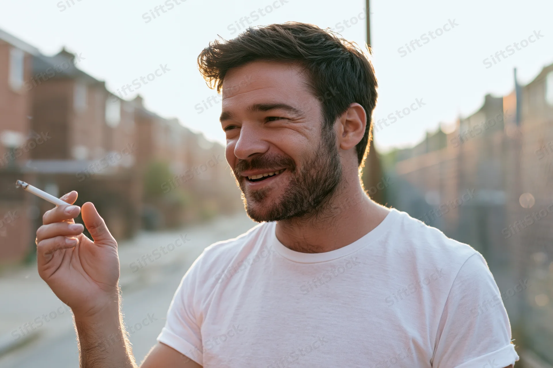 Smiling man holding a cigarette outdoors on a residential street