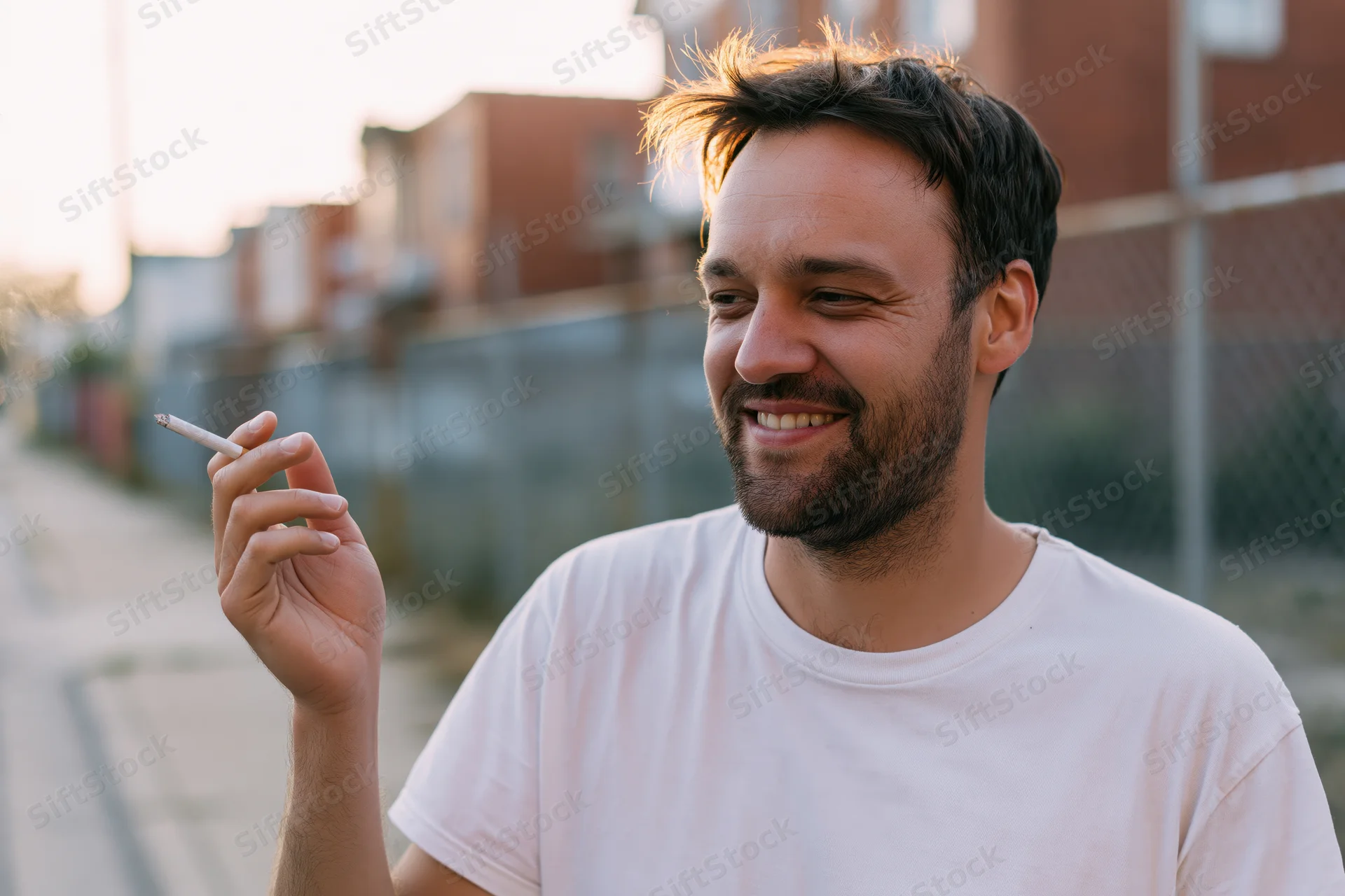 Man smiling while smoking a cigarette outdoors on a city sidewalk