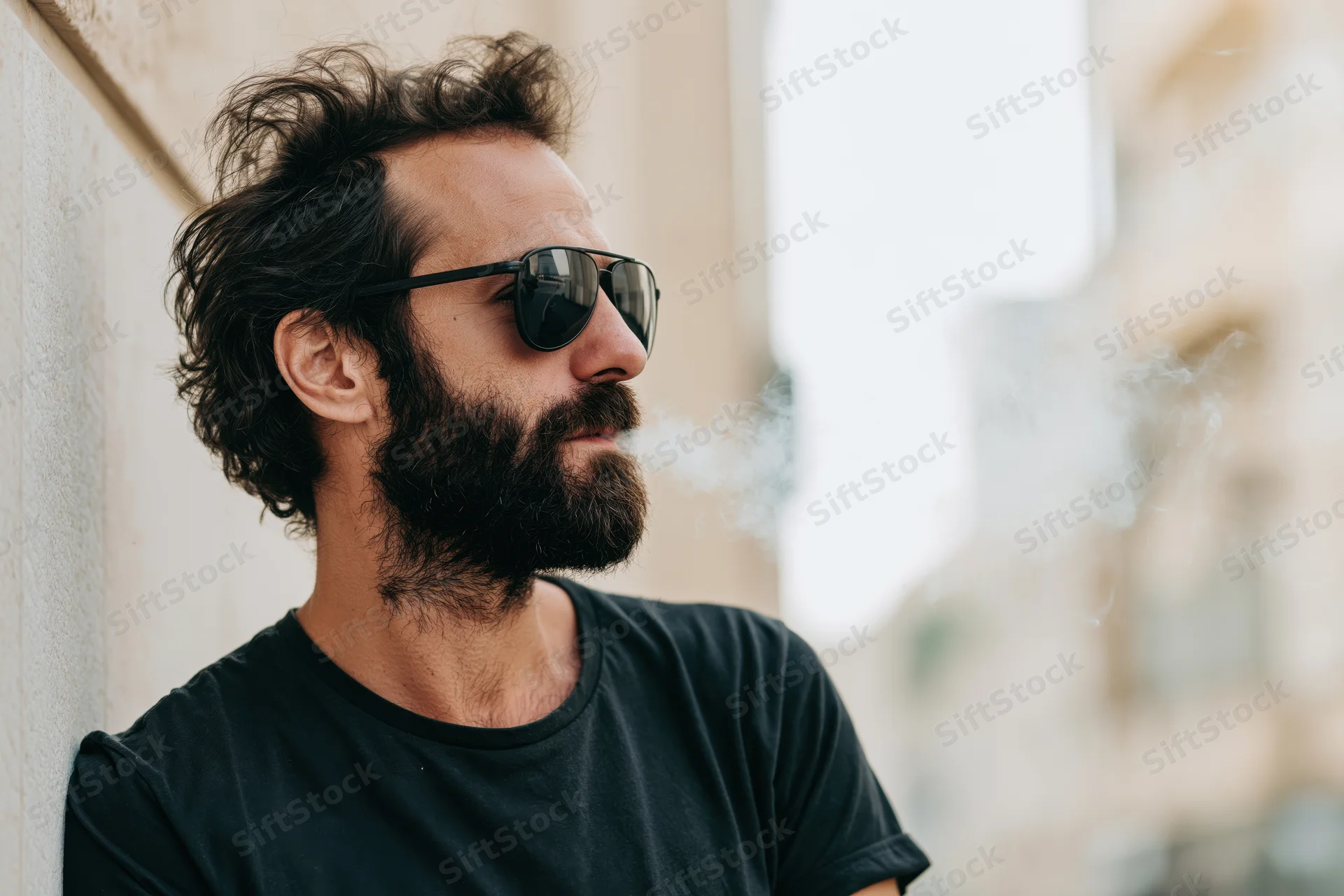 Man with dark beard and tousled hair exhaling smoke while leaning against a wall outdoors