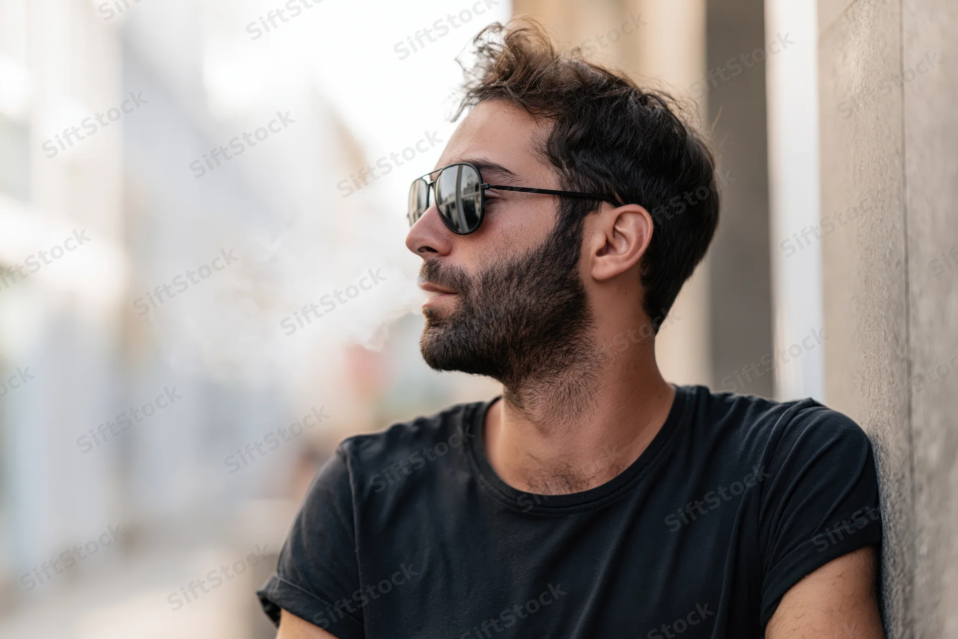 Man with dark beard and sunglasses exhaling cigarette smoke while leaning against a concrete wall on a city street