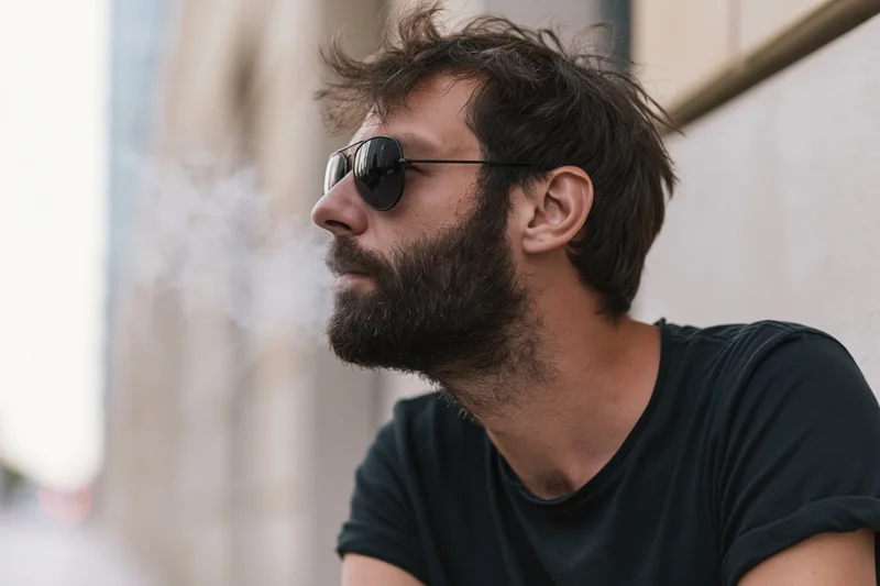 Man with dark beard and tousled hair exhaling smoke while wearing sunglasses outdoors