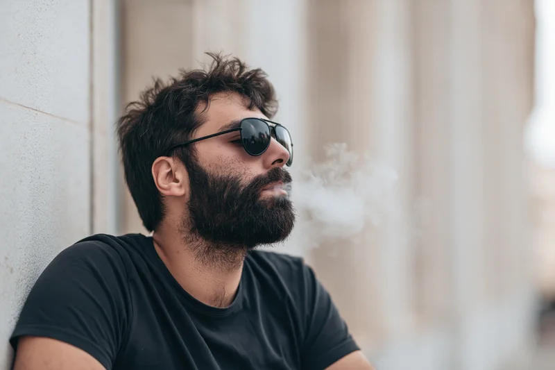 Man with dark beard and sunglasses exhaling smoke while leaning against a concrete wall outdoors