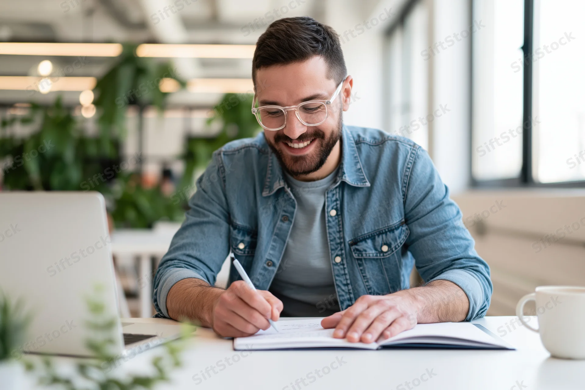 Man smiling while writing in notebook at desk with laptop in modern office
