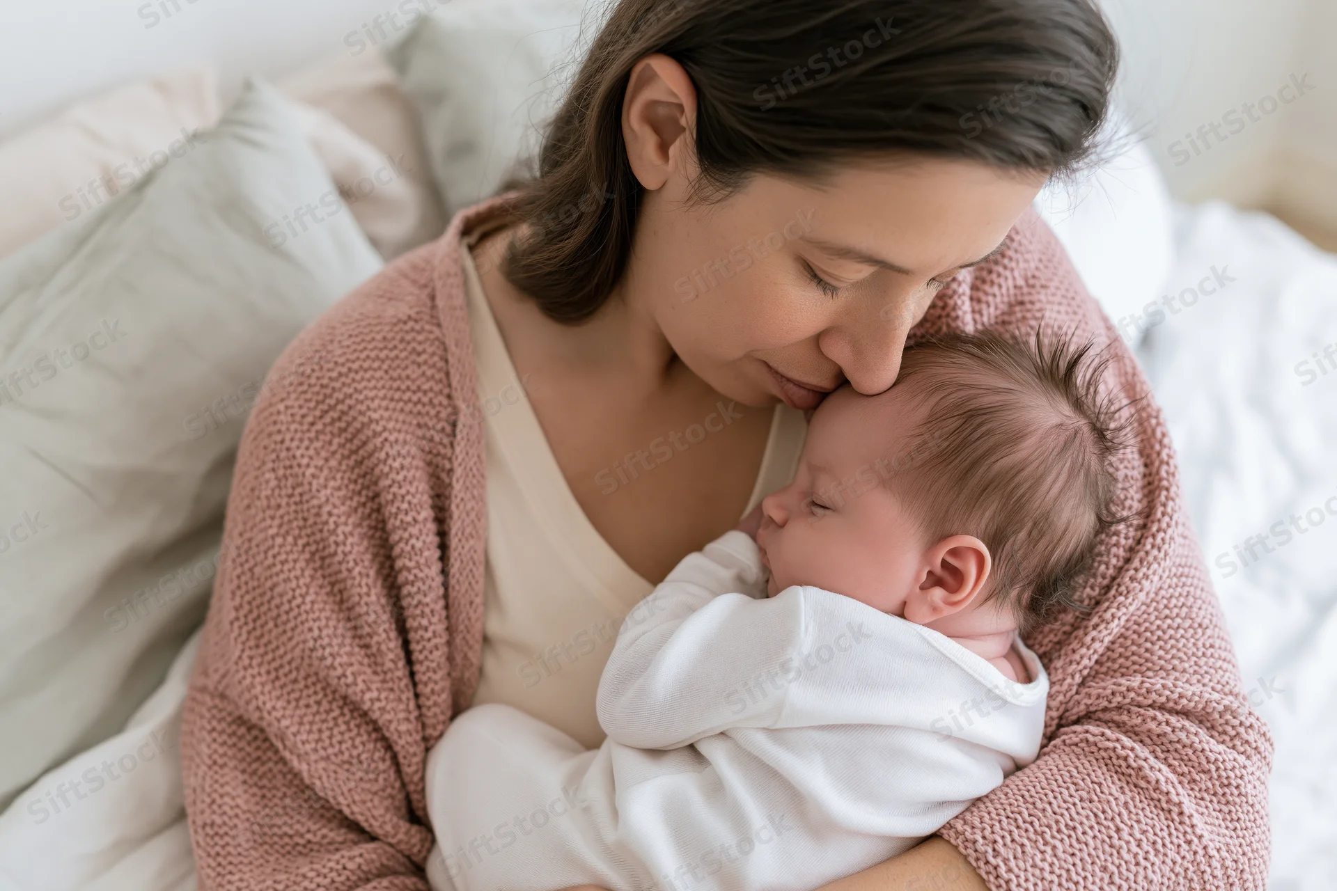 Mother cradling newborn baby close to her face in bed
