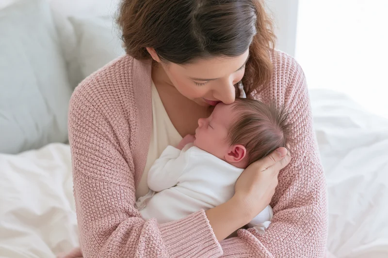 Young mother cradling newborn baby close to her face in bedroom