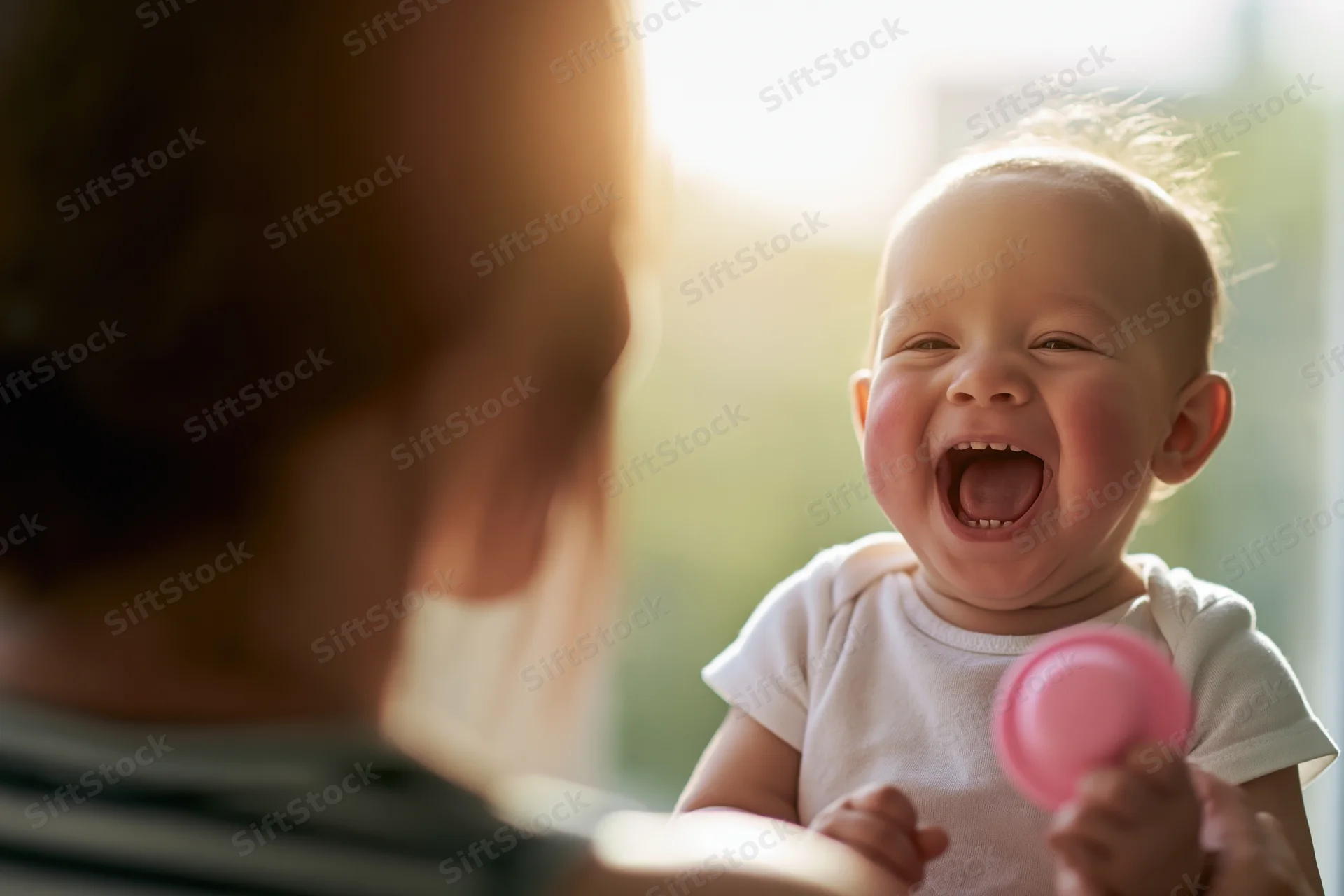 Laughing baby held by mother near sunlit window
