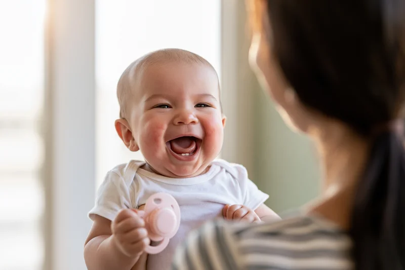 Laughing baby held by mother near sunlit window