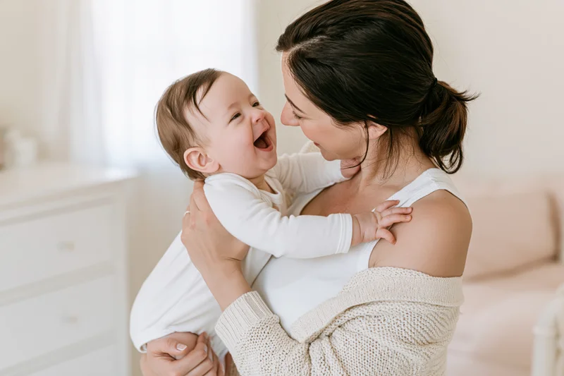 Young mother holding laughing baby close in a bright nursery
