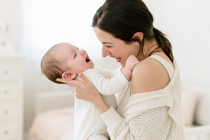 Young mother holding laughing baby close in a bright nursery