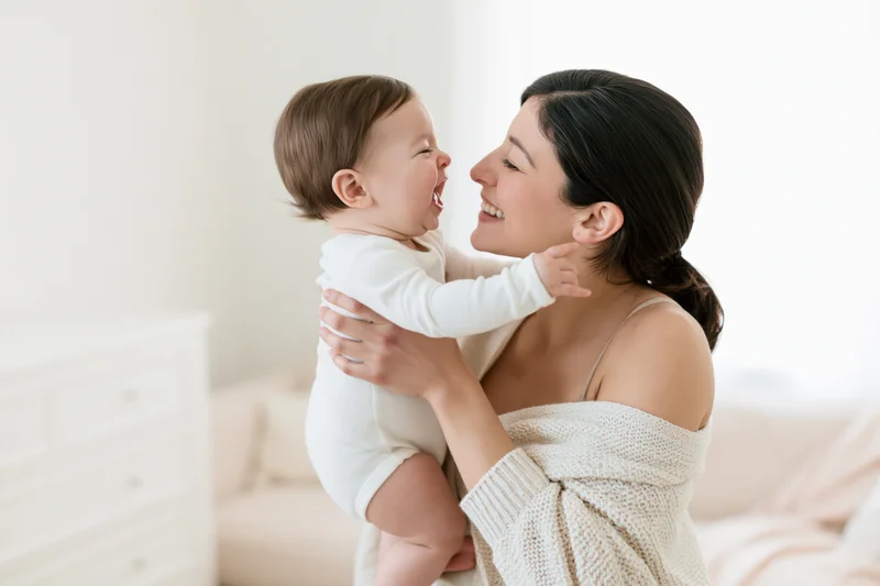 Mother holding laughing baby close in bedroom