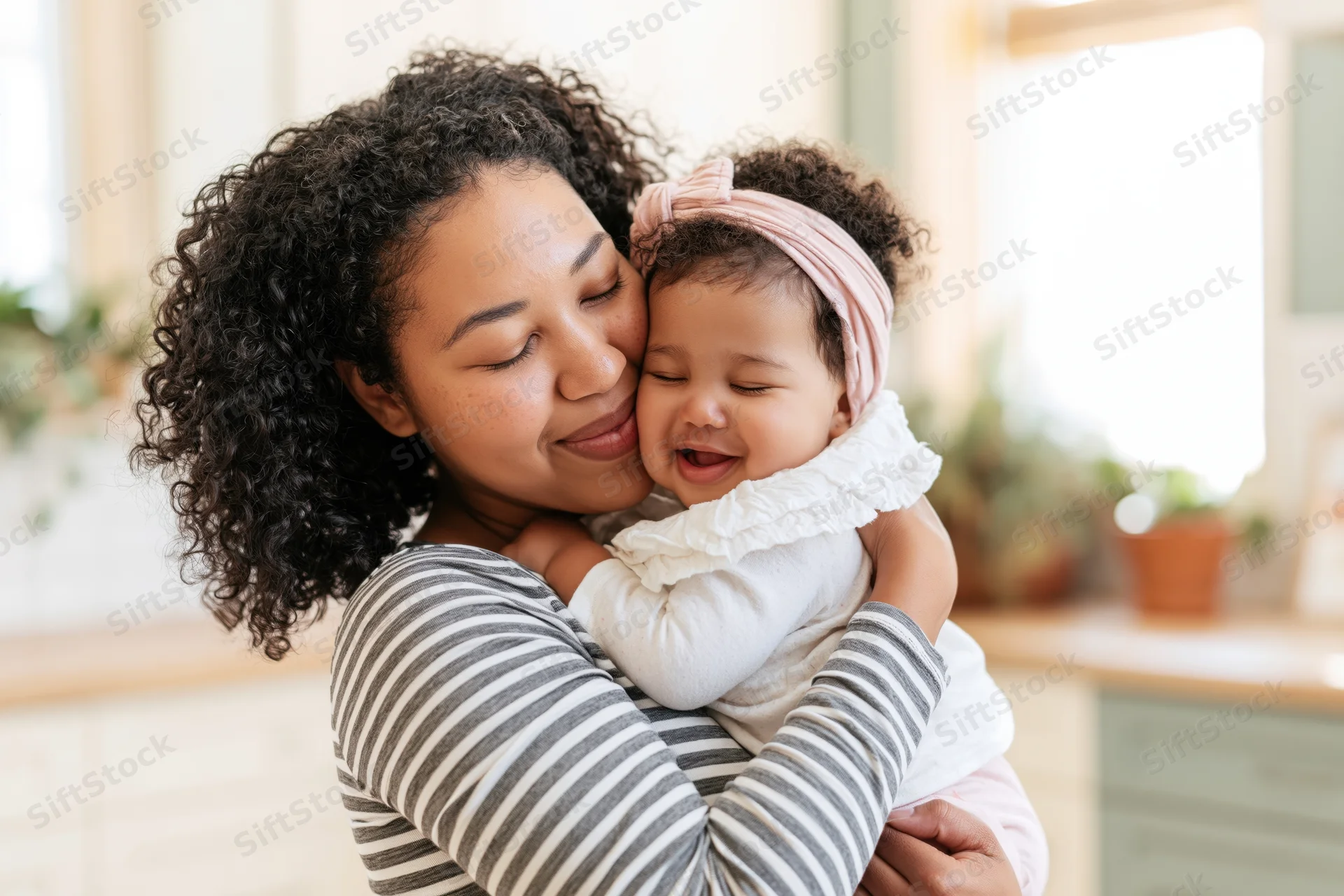 Mother hugging her smiling baby in a kitchen