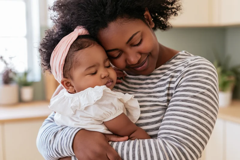 Young black mother hugging her toddler daughter in the kitchen