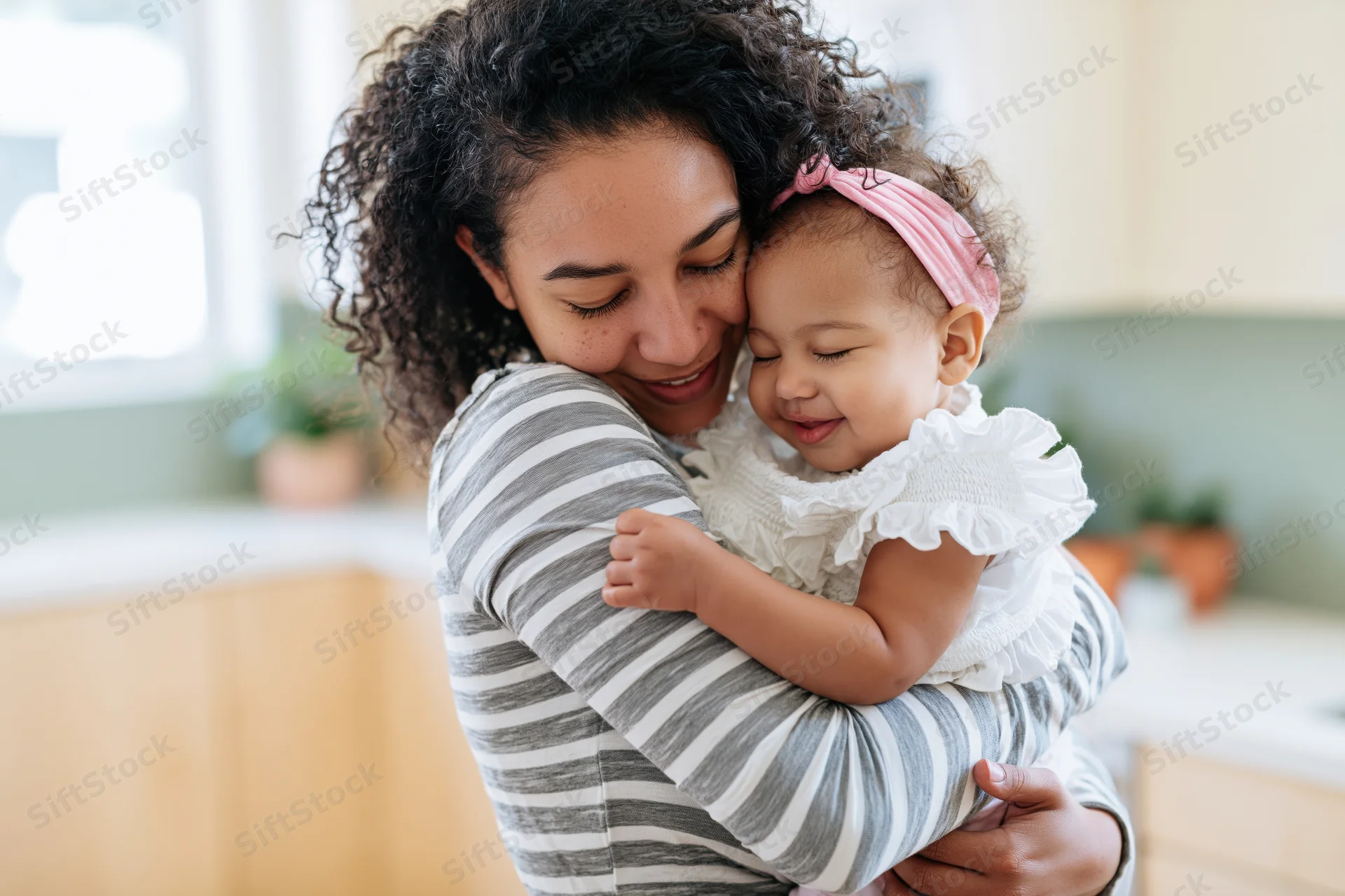 Mother hugging her toddler daughter in a kitchen