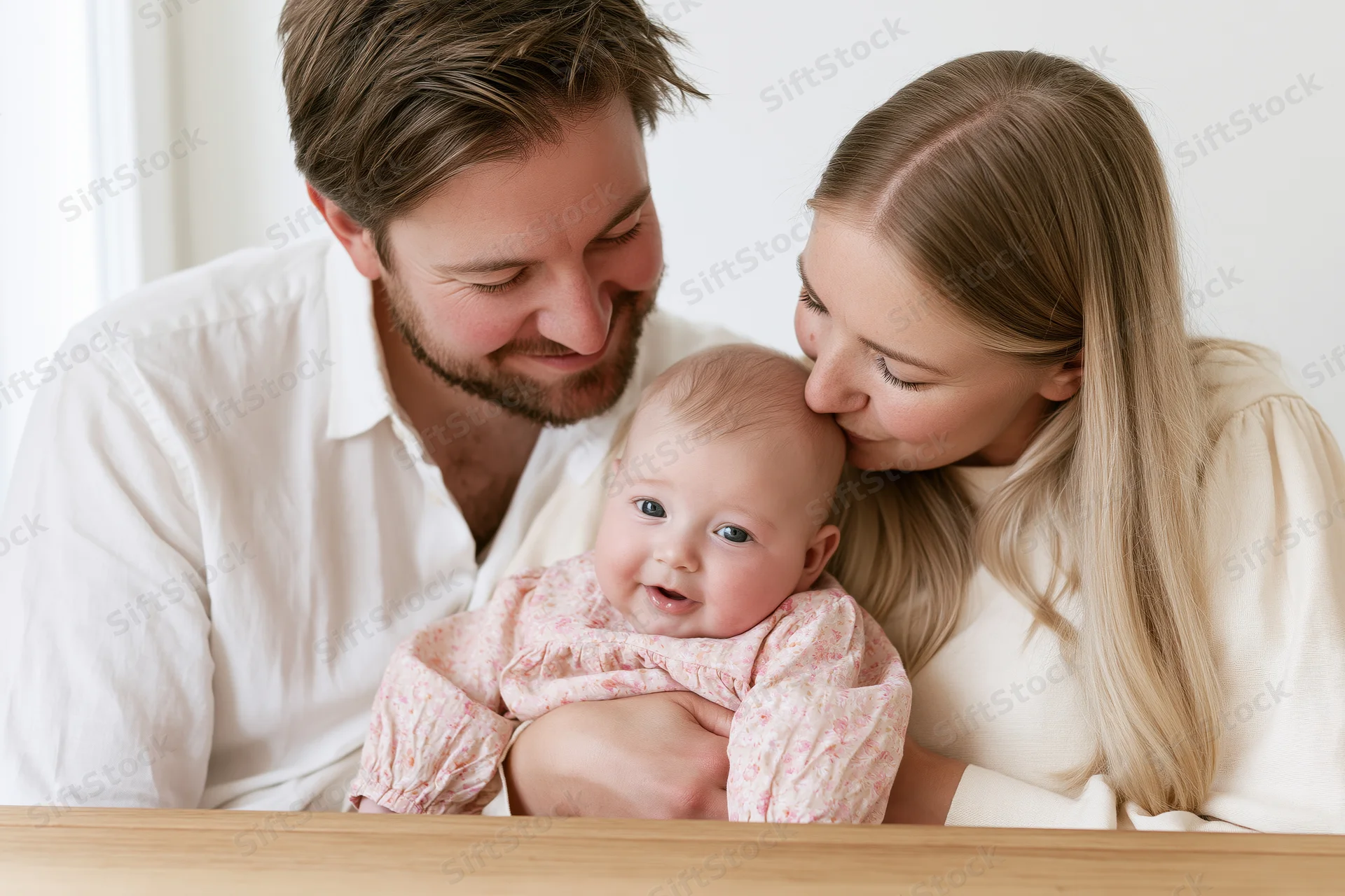 Young parents holding their baby daughter, mother kissing her head, sitting together indoors