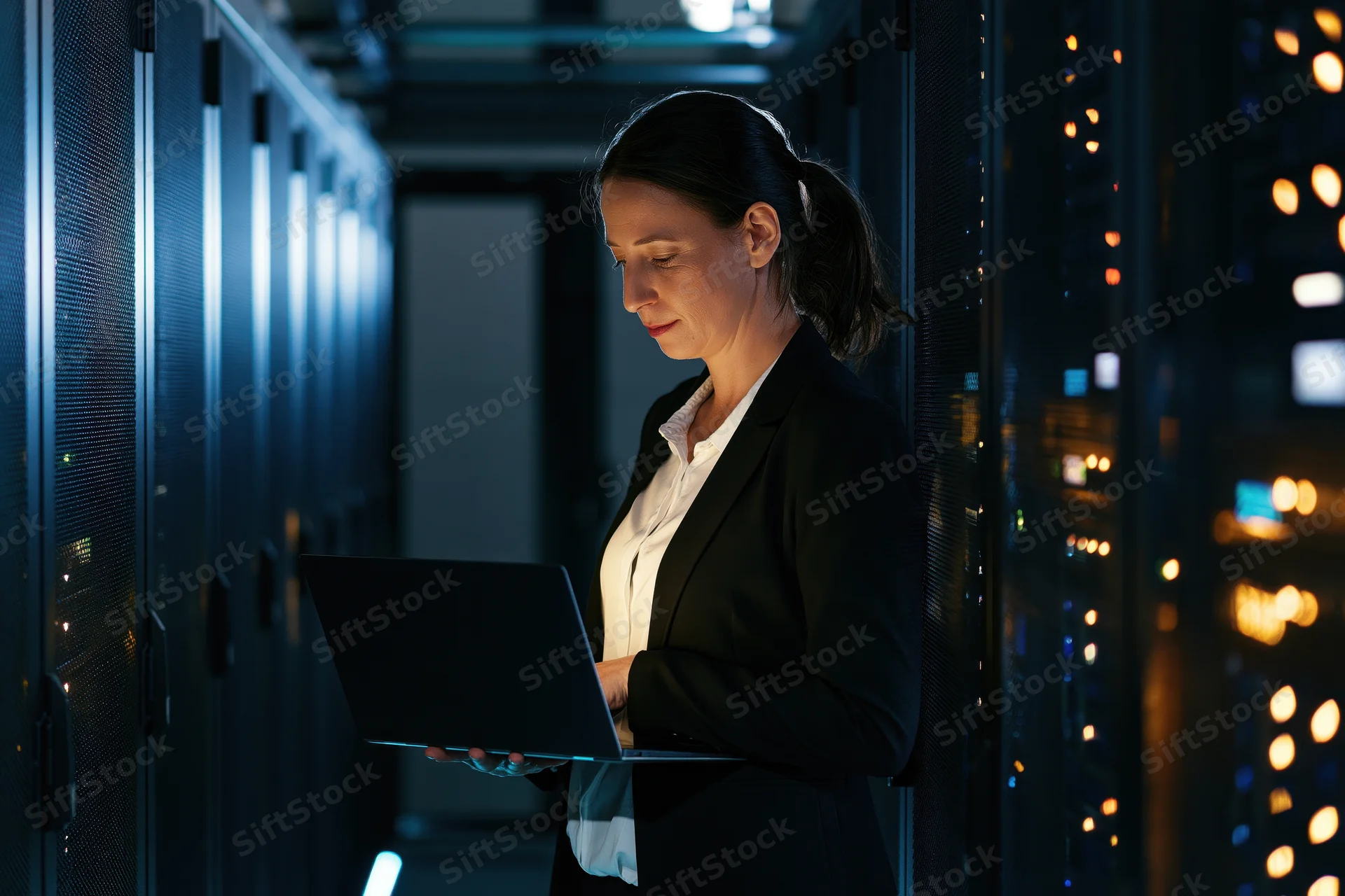 Woman technician working on laptop in server room