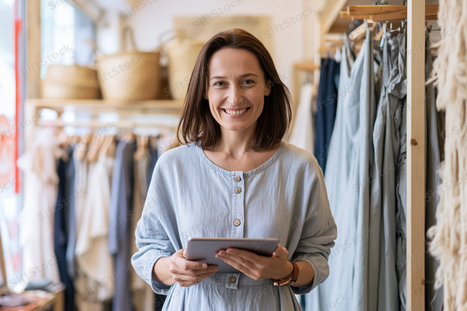 Woman holding tablet smiling in boutique clothing store