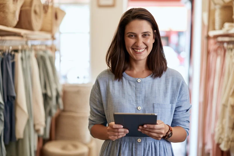 Woman boutique owner holding tablet smiling in clothing store