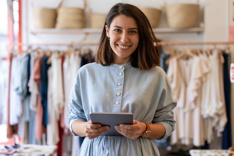 Woman boutique owner holding tablet smiling in clothing shop