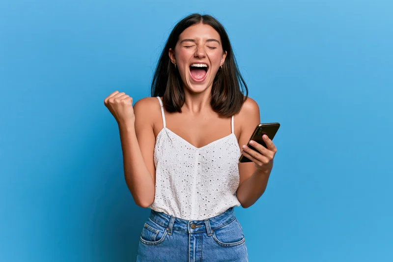 Young woman cheering with fist raised while holding smartphone against blue background