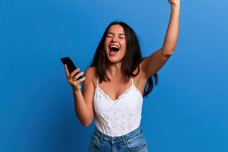 Young woman celebrating victory with smartphone and raised fist against blue background