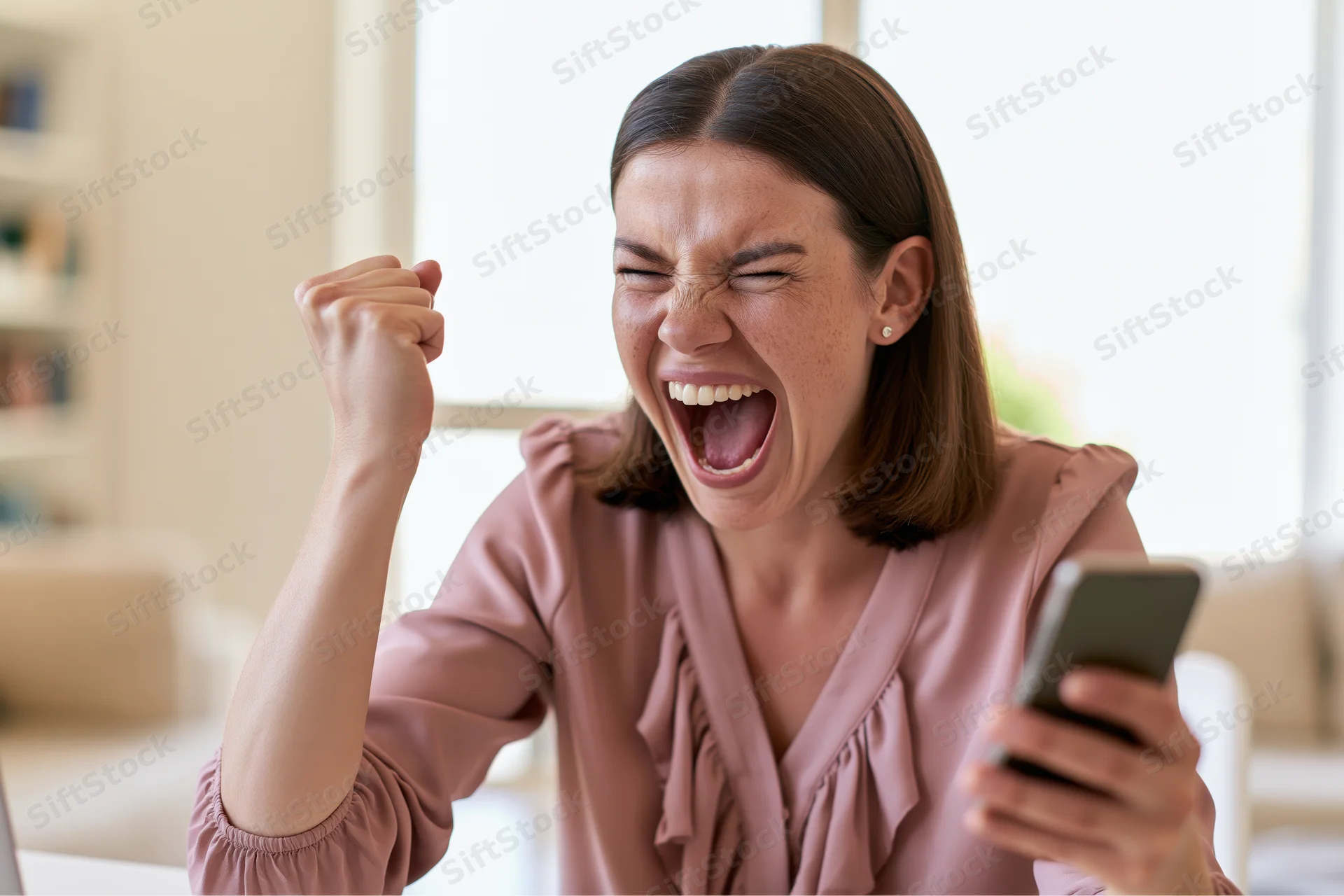 Woman cheering with fist raised while holding smartphone indoors